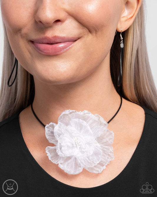 French Facade - White Tulle Blossom/Braided Black Cord Paparazzi Necklace & matching earrings