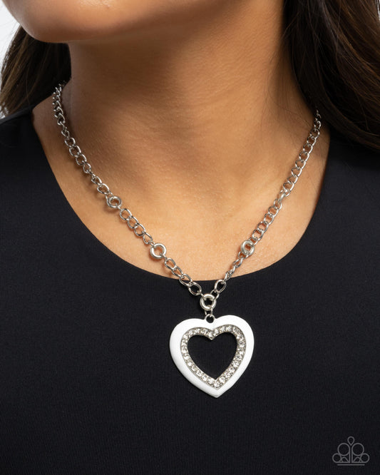Romantic Rule - White/White Rhinestone Heart Pendant Paparazzi Necklace & matching earrings