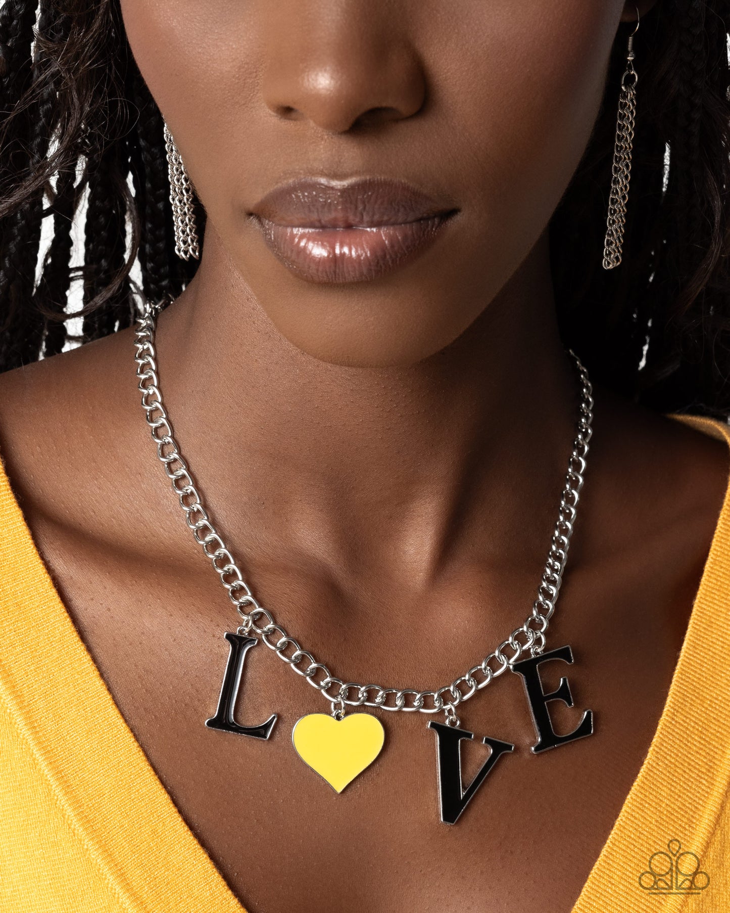 Lovely Lineup - Yellow Heart "o"/Black Metal "LVE" Paparazzi Necklace & matching earrings