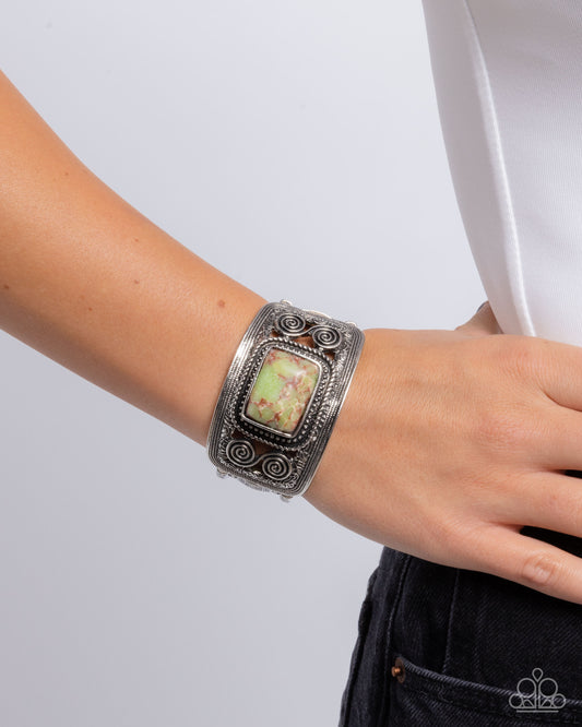 Rustic Reaction - Green Faux Stone/Ornately Detailed Silver Frame Paparazzi Stretch Bracelet