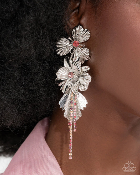 Classical Cadenza - Multicolored Rhinestone Tassels & 3D Silver Flowers Paparazzi Earrings