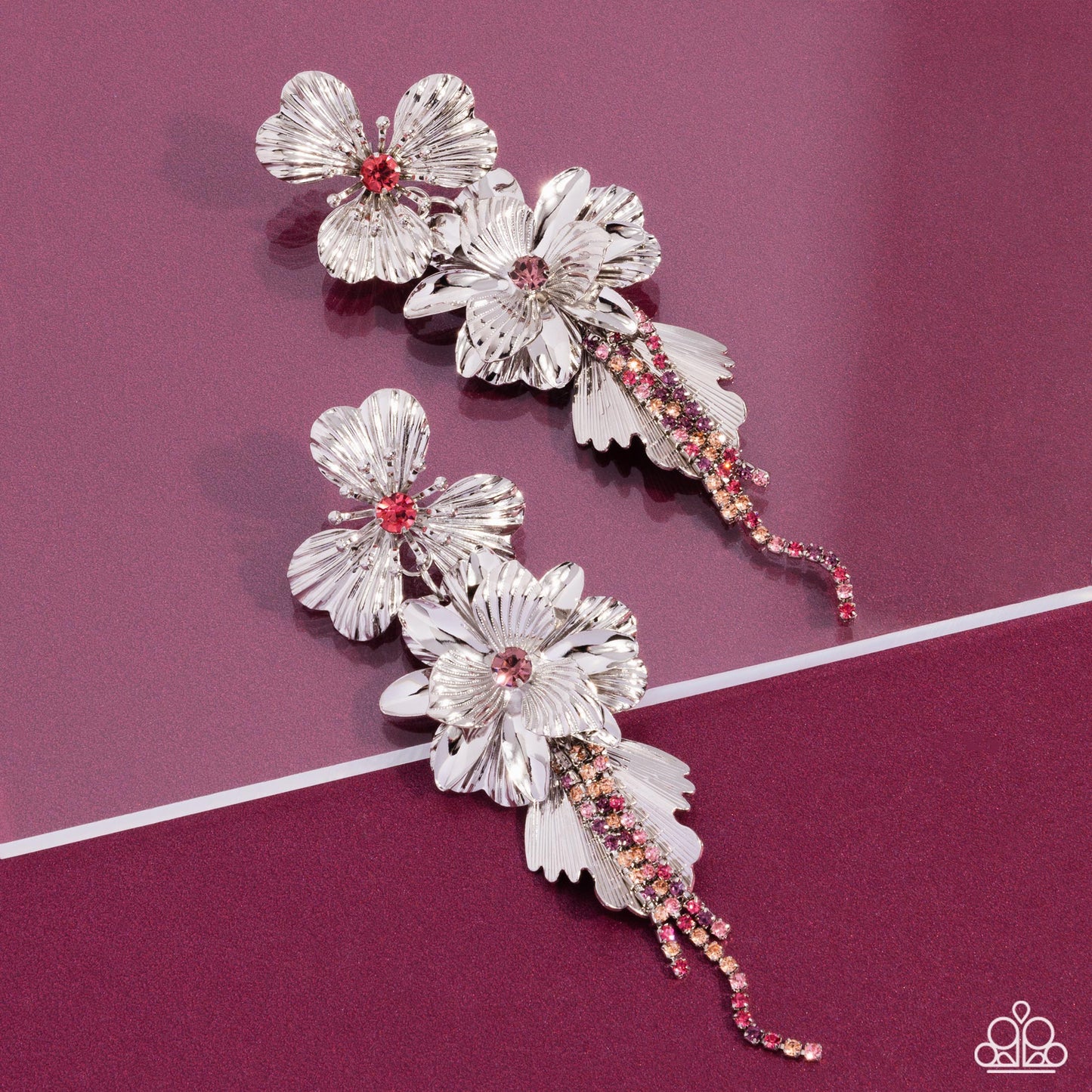 Classical Cadenza - Multicolored Rhinestone Tassels & 3D Silver Flowers Paparazzi Earrings