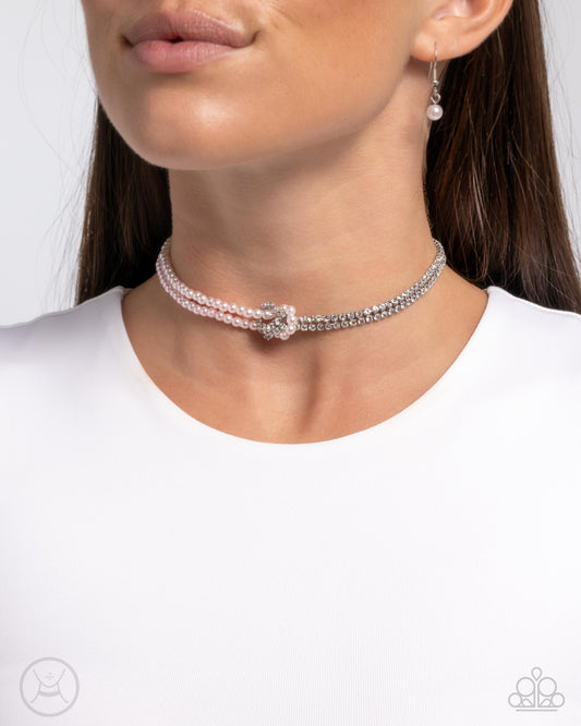 Twisted Twin - Pink Pearls/White Rhinestone Chain Paparazzi Choker Necklace & matching earrings