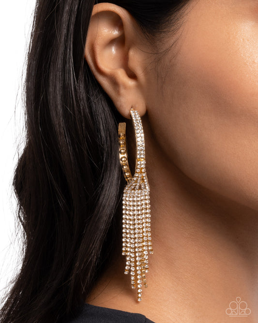 Jaw-Dropping Jubilee - Gold Hoops/White Rhinestone Tassels Paparazzi Earrings