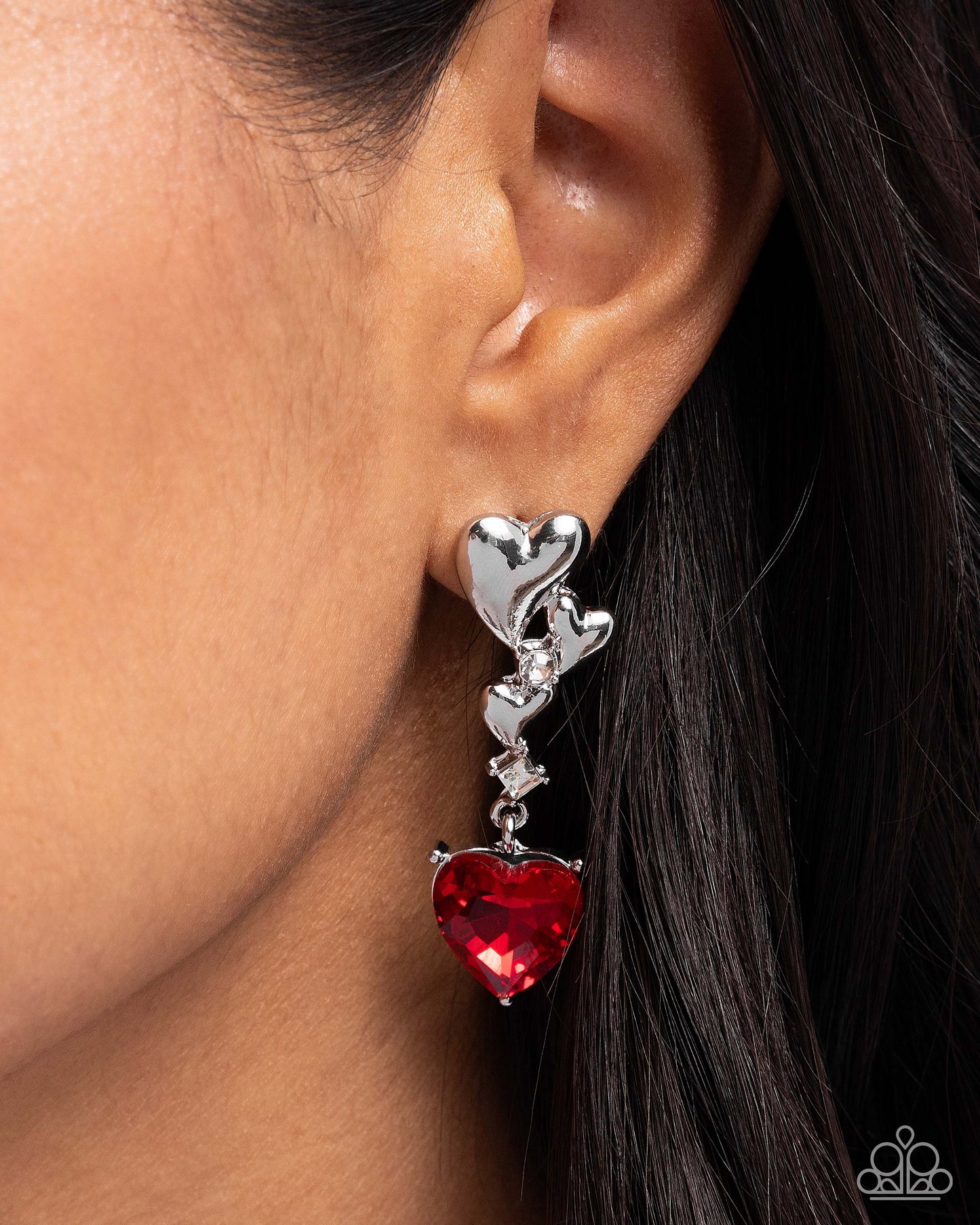 Valentines Vaudeville - Red Heart Gem/Silver Abstract Hearts Paparazzi Earrings