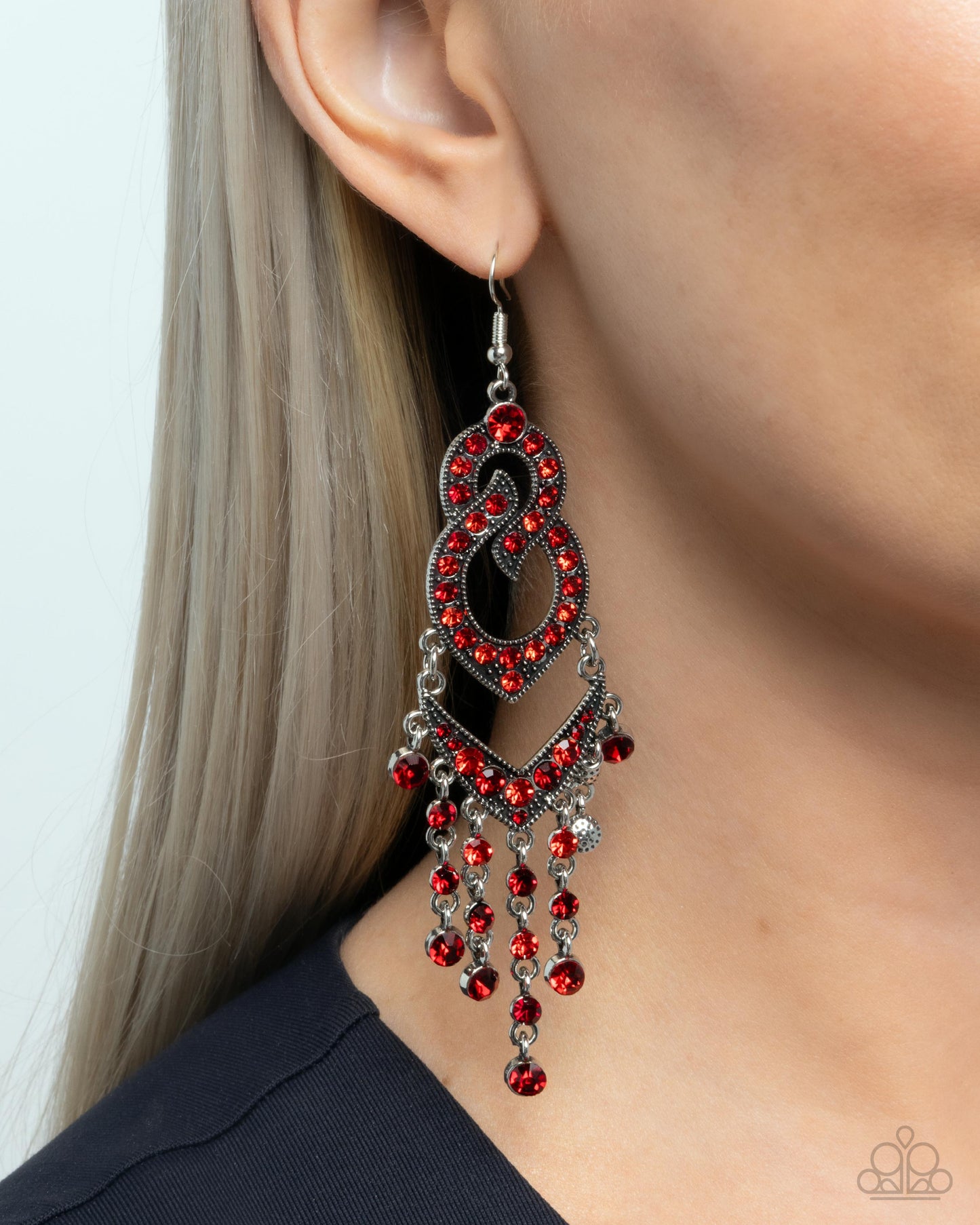Pristine Precipitation - Red Gems/Filigree Silver Frames Paparazzi Earrings