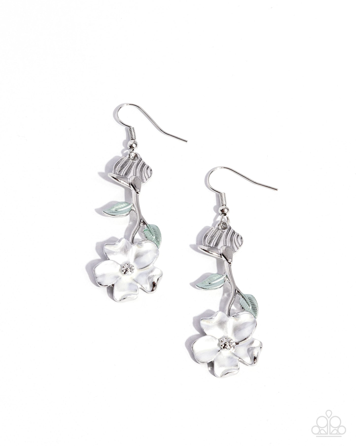 Flourishing Activity - White Flower/Pearlized Green Leaves Paparazzi Earrings