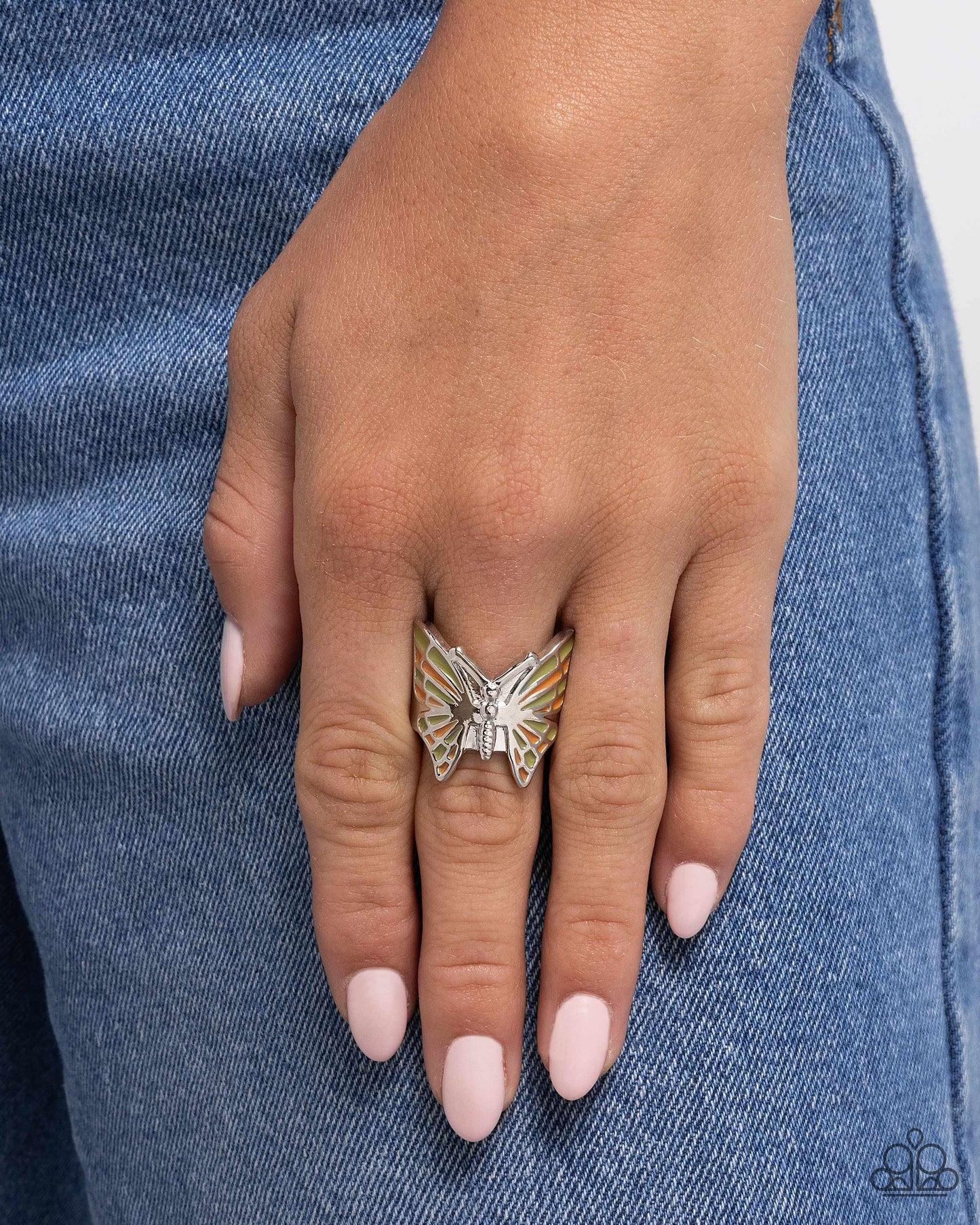 Butterfly Broadcast - Green & Orange Painted Accents/Silver Butterfly Paparazzi Ring