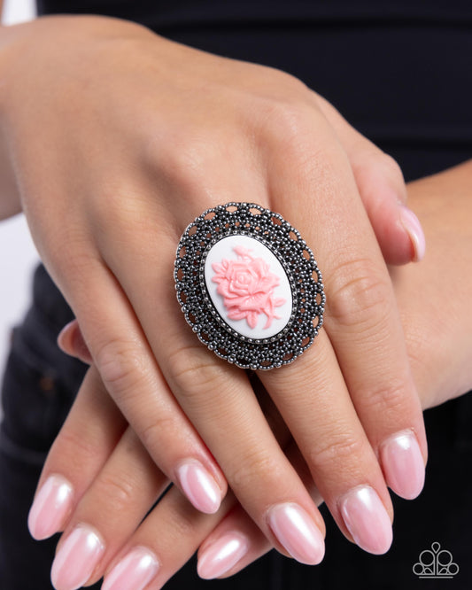 Blooming Brooch - Pink Rose/White Backdrop Paparazzi Ring