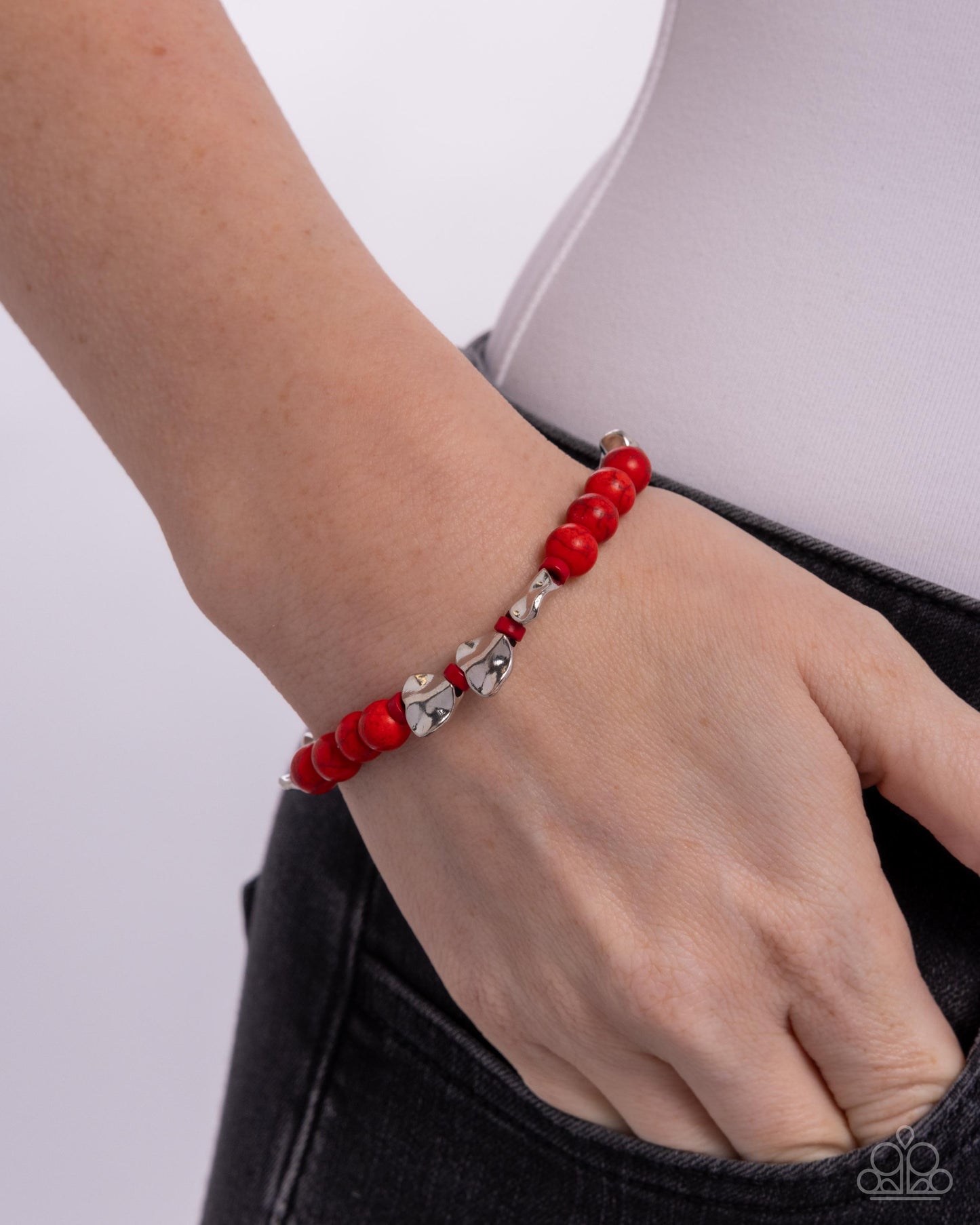 Festival Fling - Red Stone Beads/Abstract Silver Heart Accents Paparazzi Stretch Bracelet
