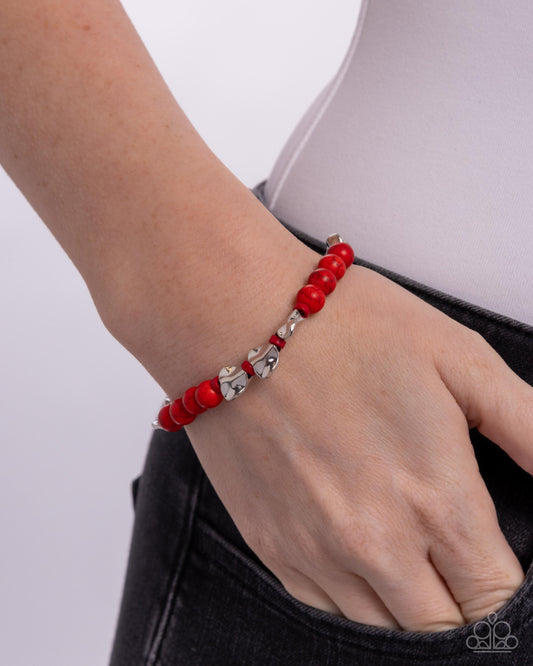 Festival Fling - Red Stone Beads/Abstract Silver Heart Accents Paparazzi Stretch Bracelet