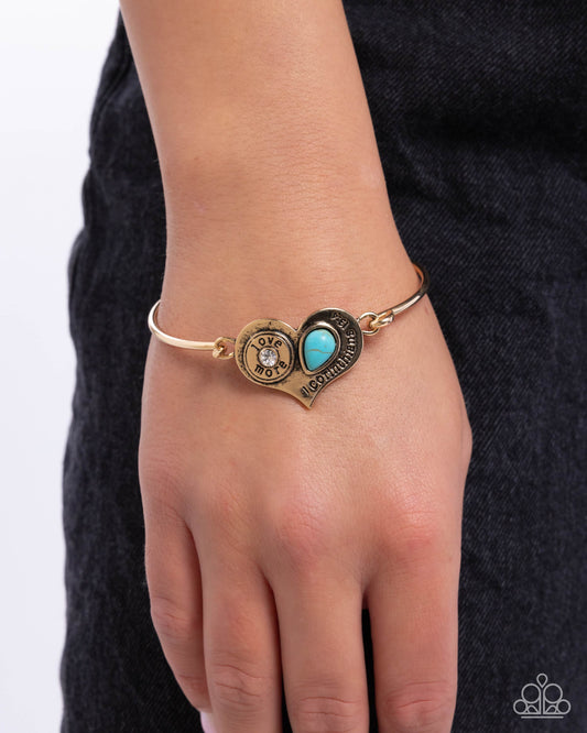 Give More Love - Gold Antiqued "Love More" Heart/White Rhinestone/Turquoise Stone Paparazzi Hinge Bracelet