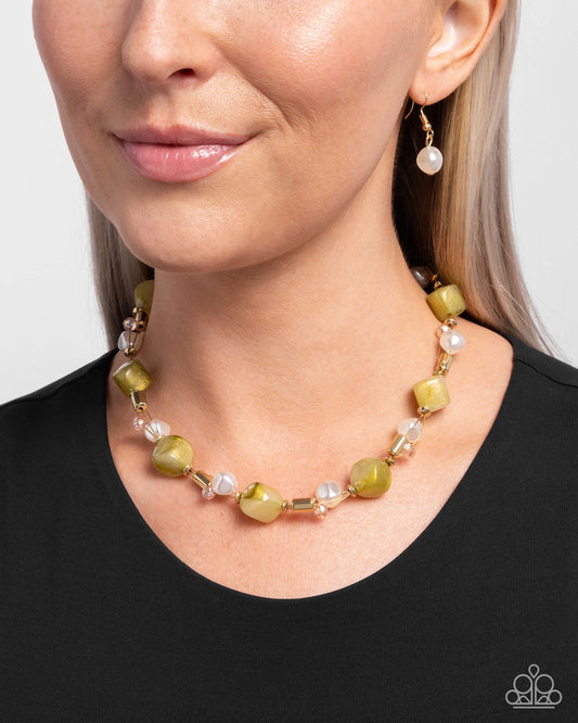 Dare to be Surprised - Green/Gold Beads, White Pearls Paparazzi Necklace & matching earrings