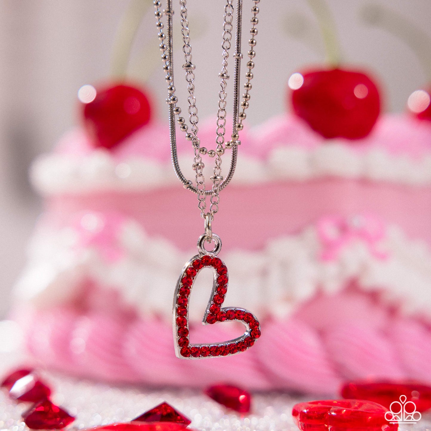 Valentines Day Decadence - Red Rhinestone Heart Pendant/Mismatched Chains Paparazzi Necklace & matching earrings
