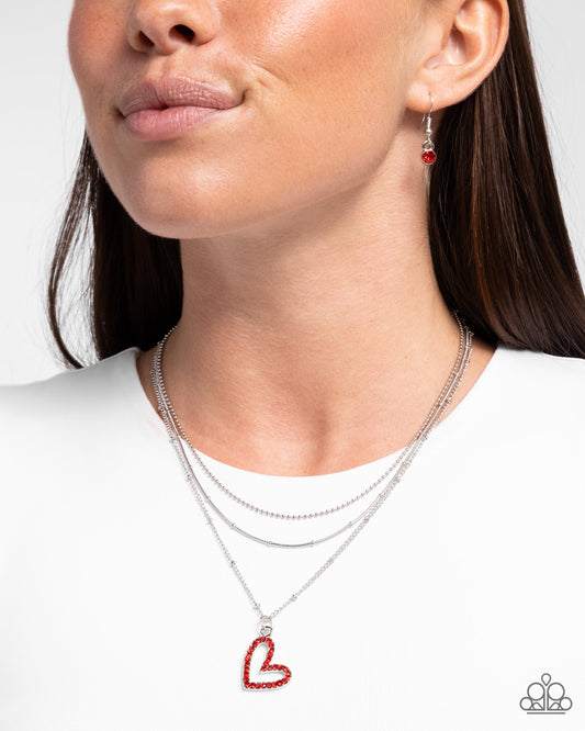 Valentines Day Decadence - Red Rhinestone Heart Pendant/Mismatched Chains Paparazzi Necklace & matching earrings