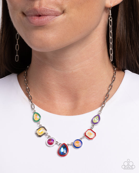 Classy Character - Red Frames/Multicolored Gems Paparazzi Necklace & matching earrings