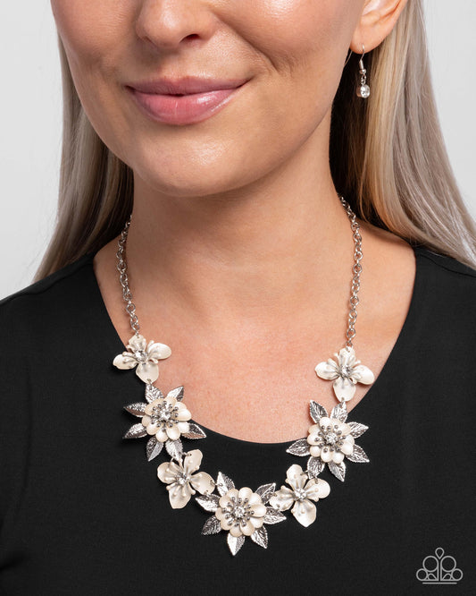 Springtime Song - White Pearlescent/Silver Flowers Paparazzi Necklace & matching earrings