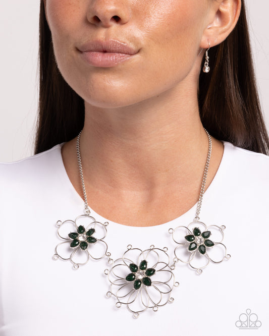 Wiry Welcome - Green/White Rhinestone/Silver Frame Flowers Paparazzi Necklace & matching earrings