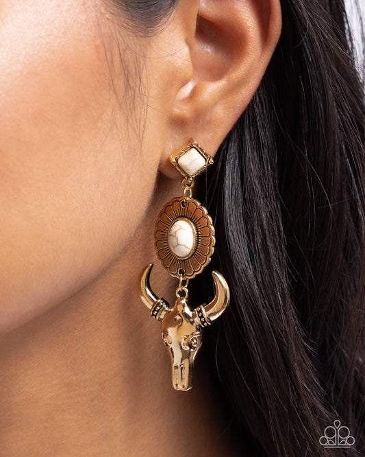Western Week - Gold Longhorn Skull/White Stone Paparazzi Earrings