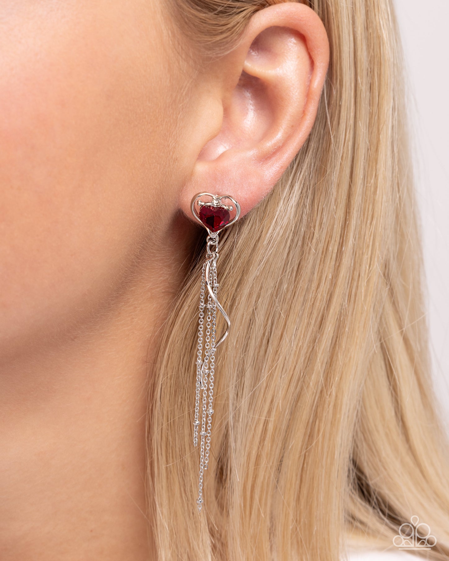 Simply Smitten - Red Heart Gem, Silver Heart Frame, & Silver Chain Tassels Paparazzi Earrings