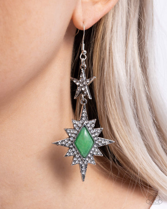 Stellar State of Mind - Green Stone/Rhinestone Embellished Star Paparazzi Earrings