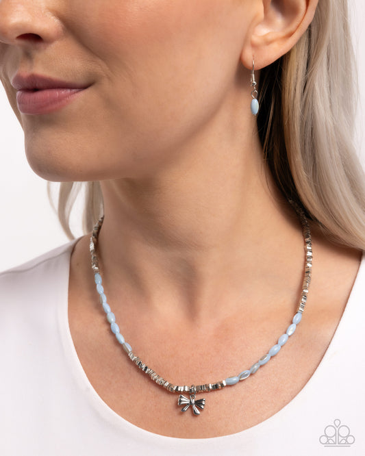 Dainty Dimension - Blue/Silver Beads, Silver Bow Paparazzi Necklace & matching earrings