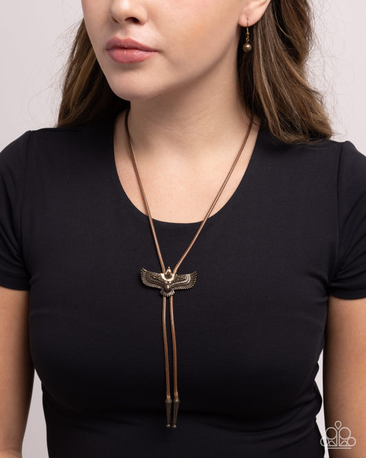 Eagle Emblem - Brass Textured Eagle Pendant/Brown Cording Paparazzi Necklace & matching earrings