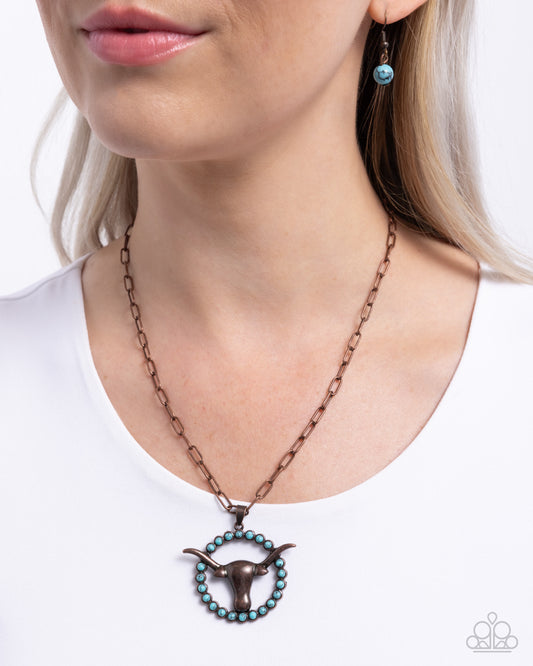 Longhorn Lasso - Copper Paperclip Chain/Copper Longhorn Skull Pendant Paparazzi Necklace & matching earrings