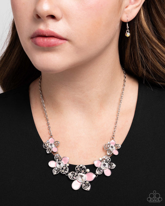 April Showers Bring Flowers - Pink Painted/Iridescent Rhinestone Flowers Paparazzi Necklace & matching earrings