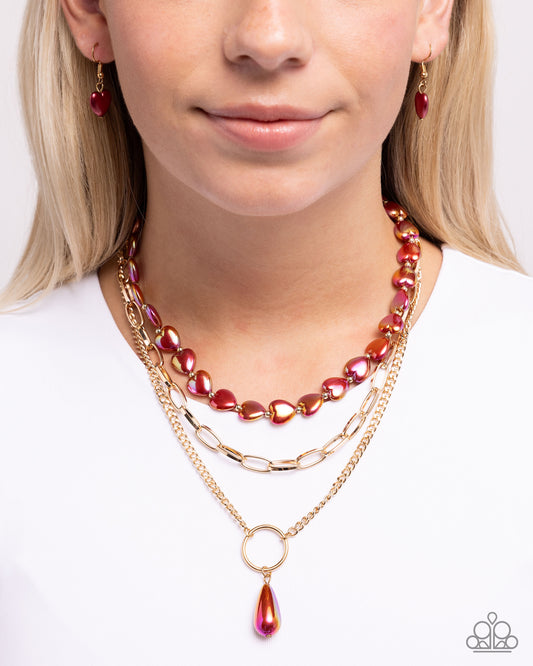 Admirable Affection - Red UV Heart Beads/Mismatched Gold Chains Paparazzi Necklace & matching earrings