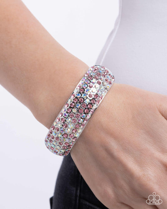 Triumphant Twinkle - Pink/Iridescent Rhinestones & Silver Hinge Paparazzi Bracelet