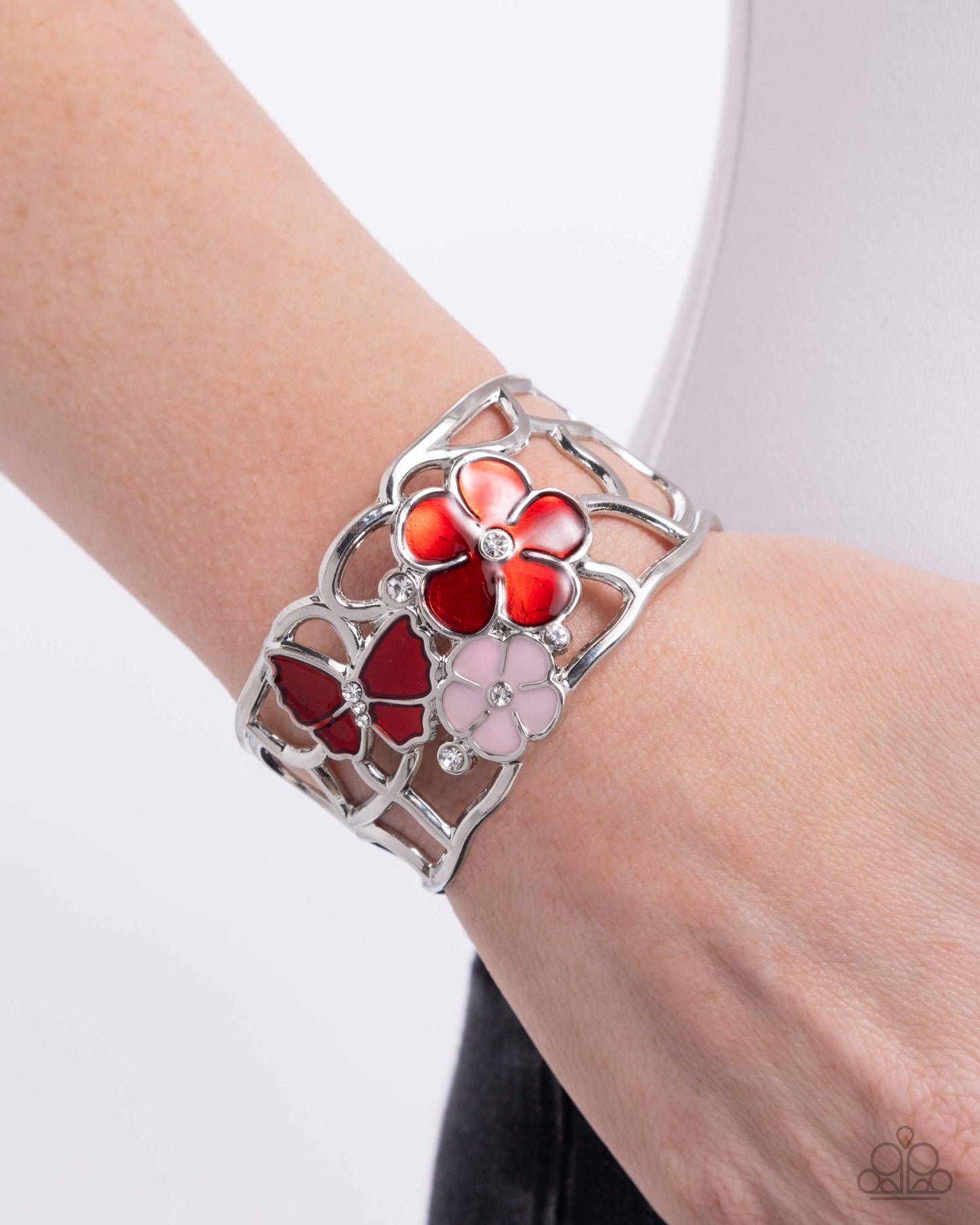 Whimsical Watercolor - Red/Pink Painted Flowers, Silver Cuff Paparazzi cuff Bracelet
