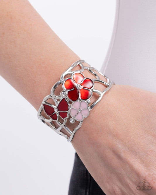 Whimsical Watercolor - Red/Pink Painted Flowers, Silver Cuff Paparazzi cuff Bracelet