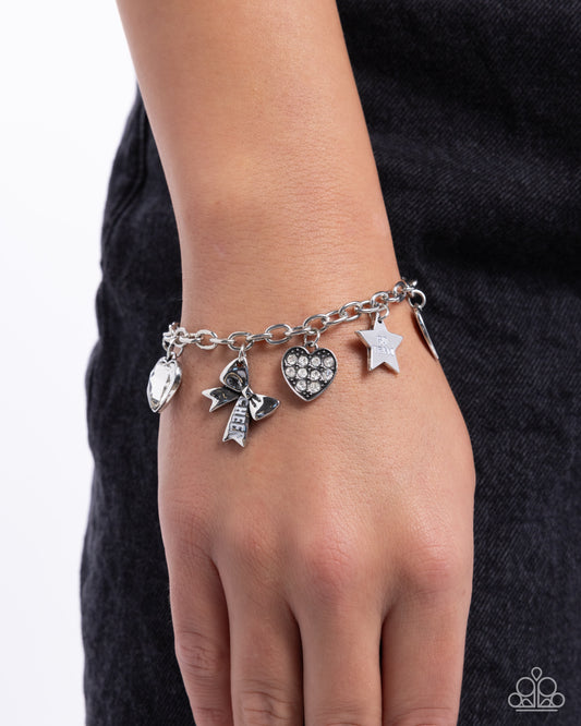 Cheerleading Camp - White Rhinestone Embellished Cheerleading-Inspired Charms Paparazzi Adjustable Bracelet