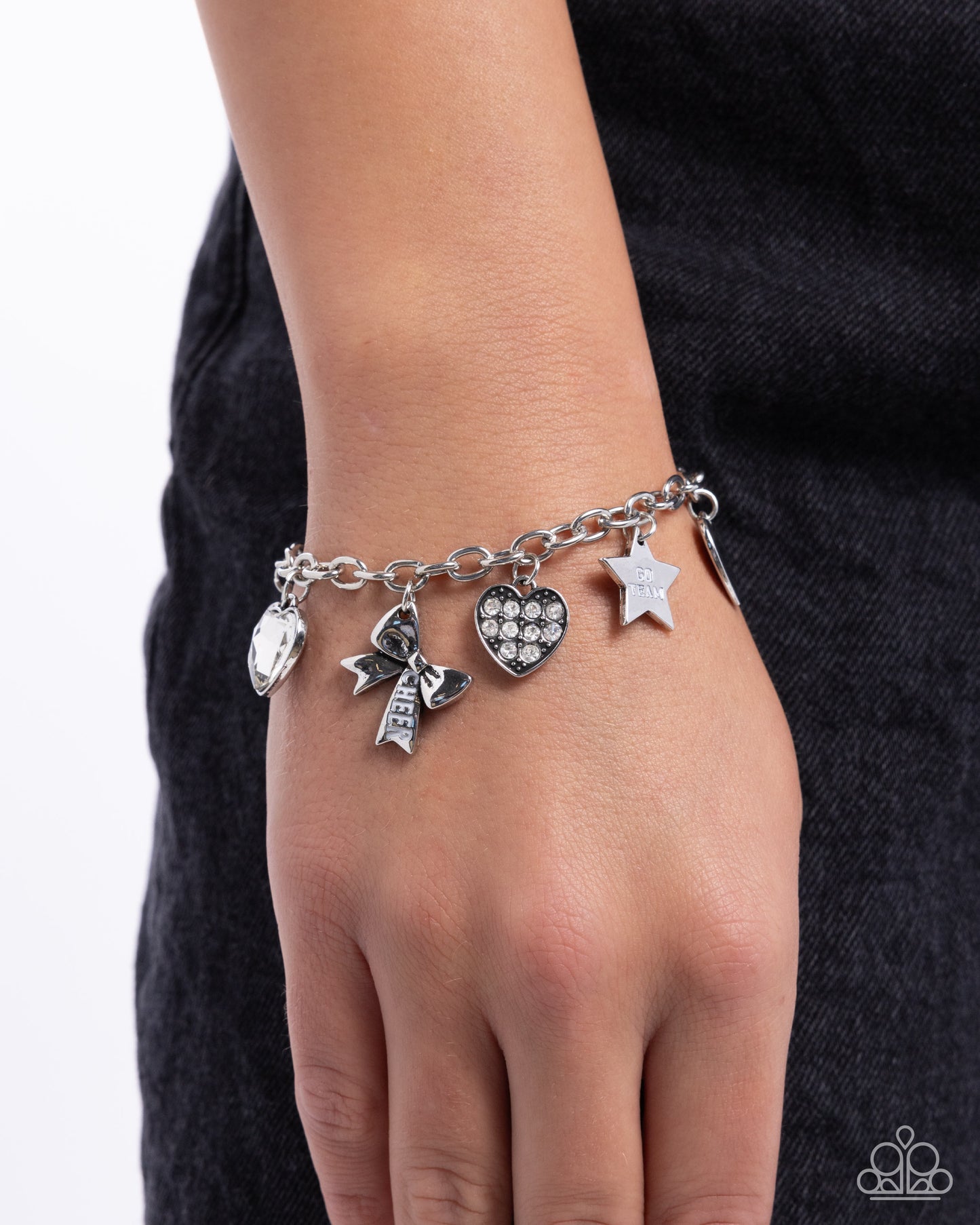 Cheerleading Camp - White Rhinestone Embellished Cheerleading-Inspired Charms Paparazzi Adjustable Bracelet