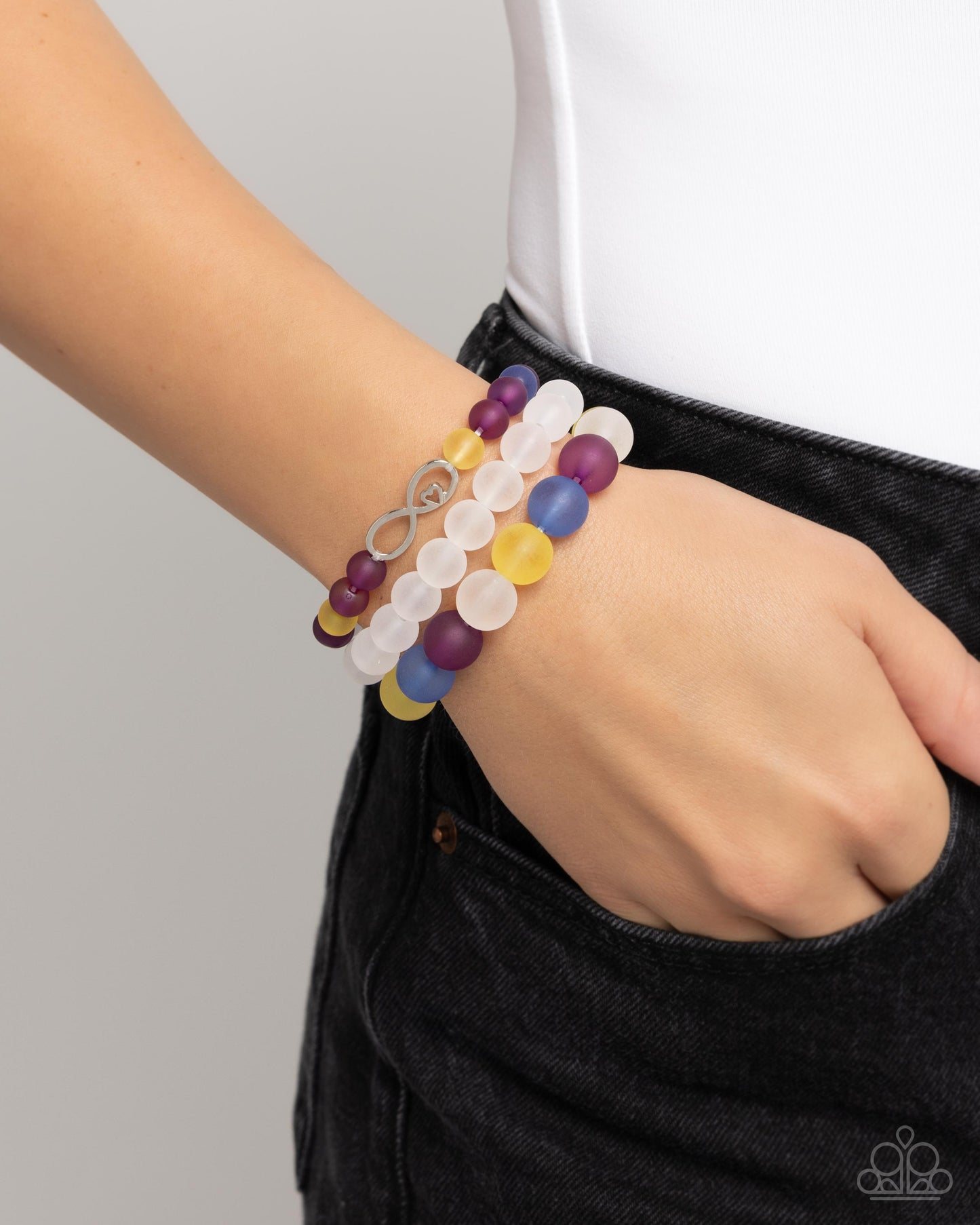 Simplistic Stack - Purple, White, Blue, Yellow Beads/Silver Infinity Charm Paparazzi Stretch Bracelet