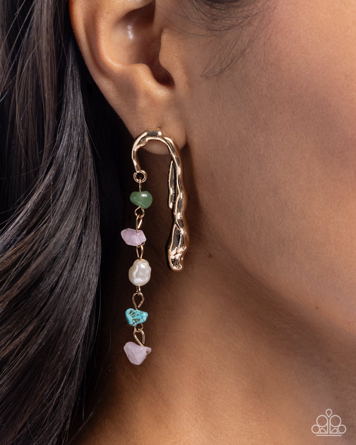 Suspended Sheen - Gold Hammered Half-Arch & Green, Pink, Turquoise Stones, White Pearl Paparazzi Earrings