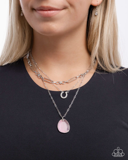 Western Wheelhouse - Pink Teardrop/Silver Horseshoe Pendant Paparazzi Necklace & matching earrings