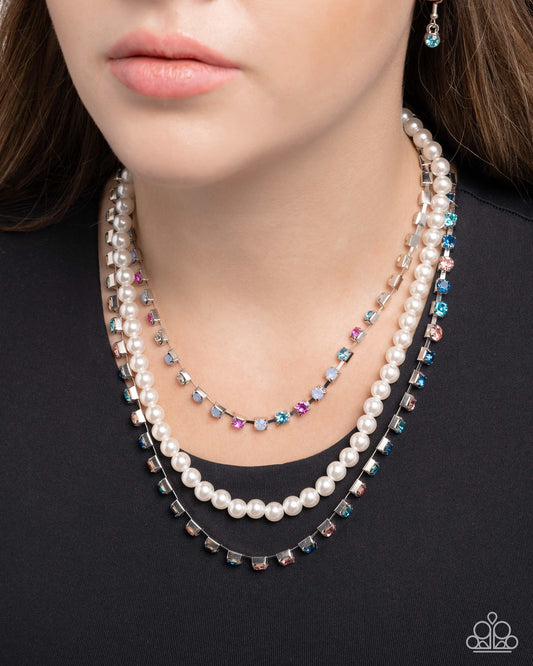 Class Change - Multicolored Rhinestones/White Pearl Strands Paparazzi Necklace & matching earrings