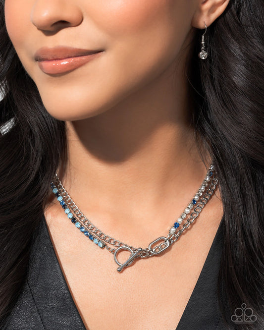 Mismatched Makeover - Blue/White Rhinestones, White Pearls, Mismatched Silver Chains Paparazzi Necklace & matching earrings