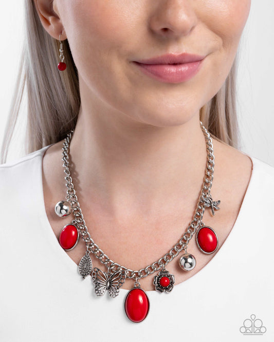 Garden Center - Red Oval Beads/Silver Whimsical Charms Paparazzi Necklace & matching earrings