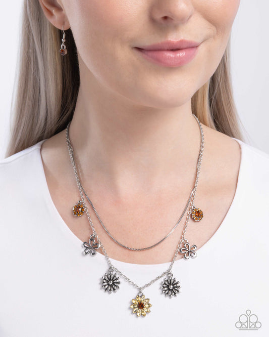 Glinting Garden - Yellow/Orange Gem Flowers, Silver Flowers Paparazzi Necklace & matching earrings