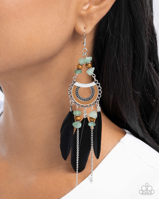 Serene Stage - Green Stone, Wooden, Silver Beads/Silver Chains Black Feather Paparazzi Earrings