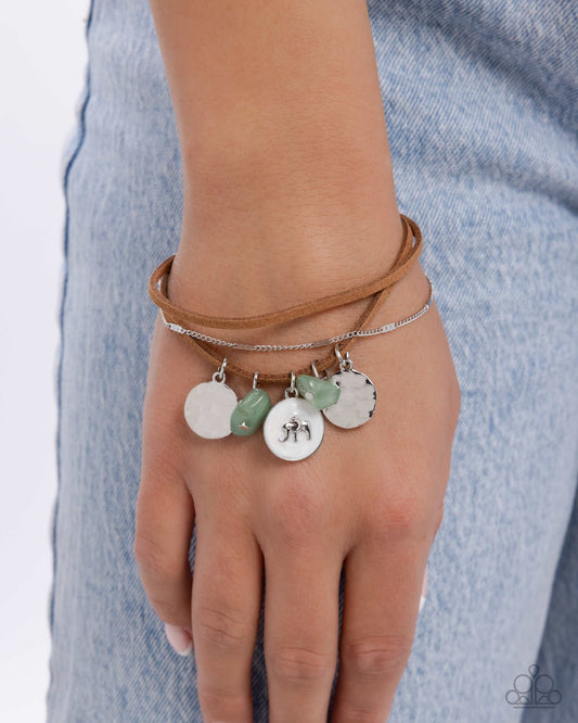 Serene Stroll - Green Stones, Silver Elephant, Hammered Silver Discs Paparazzi Tennis Bracelet