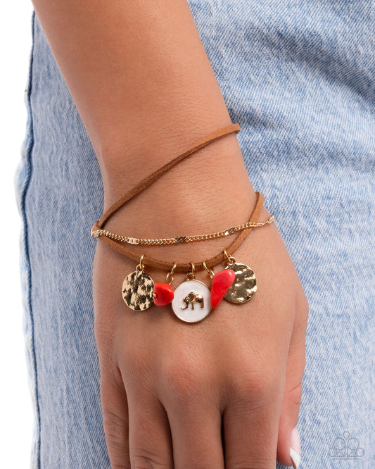 Serene Stroll - Red Stones, Gold Elephant, Hammered Gold Discs Paparazzi Tennis Bracelet