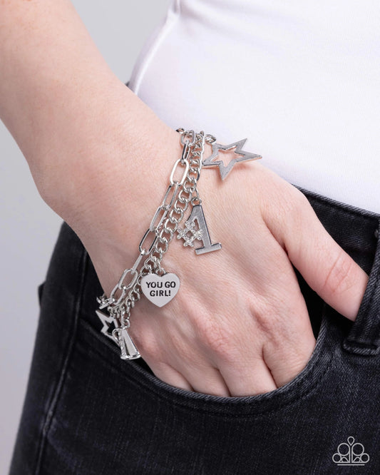 Team Spirit - White Rhinestone Embellished Sporty-Inspired Silver Charms Paparazzi Tennis Bracelet