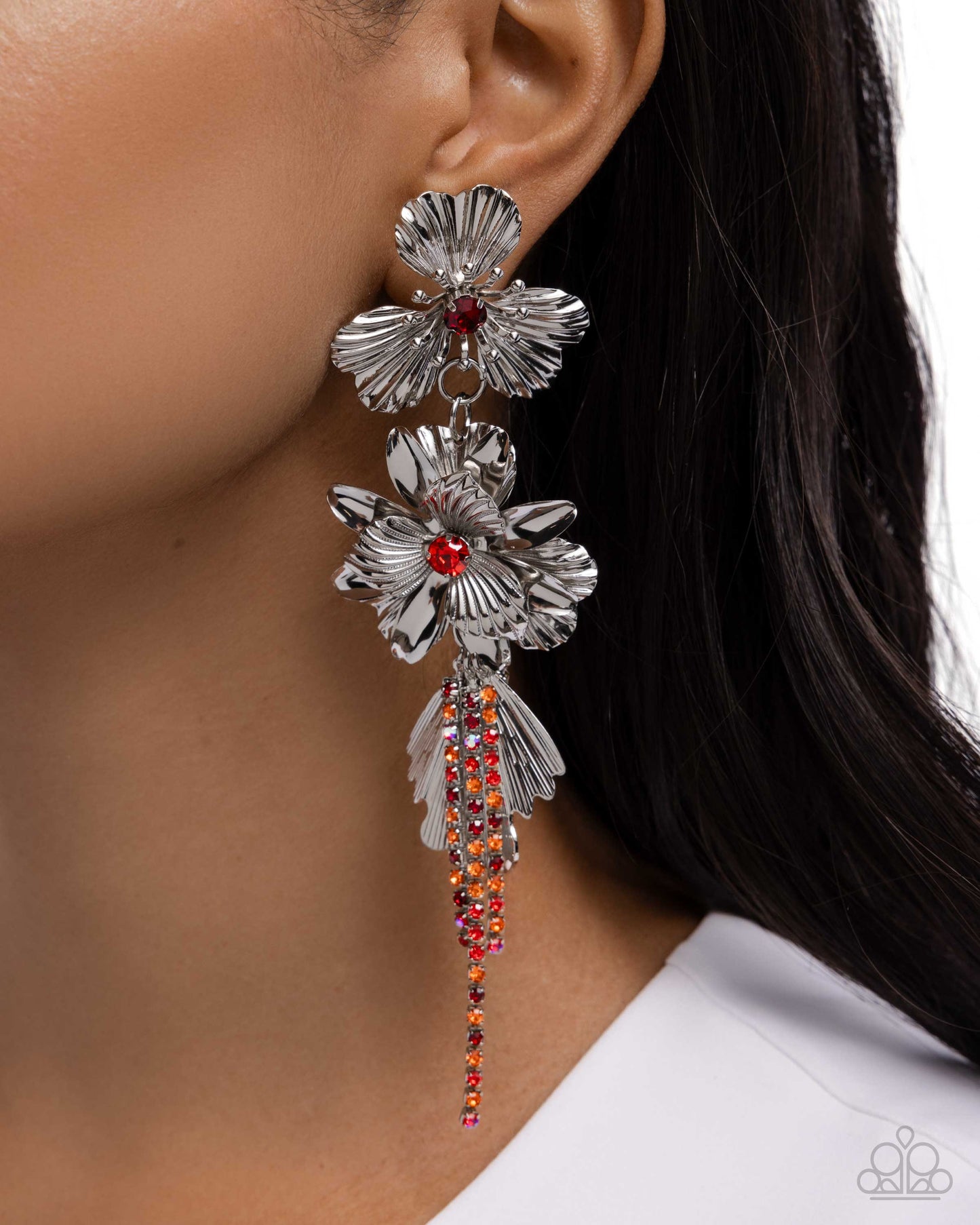 Classical Cadenza - Red/White Rhinestone Centers & 3-D Silver Flowers Paparazzi Earrings