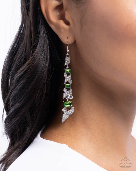 Cascading Cred - Green Square Gems/White Rhinestone Frames Paparazzi Earrings