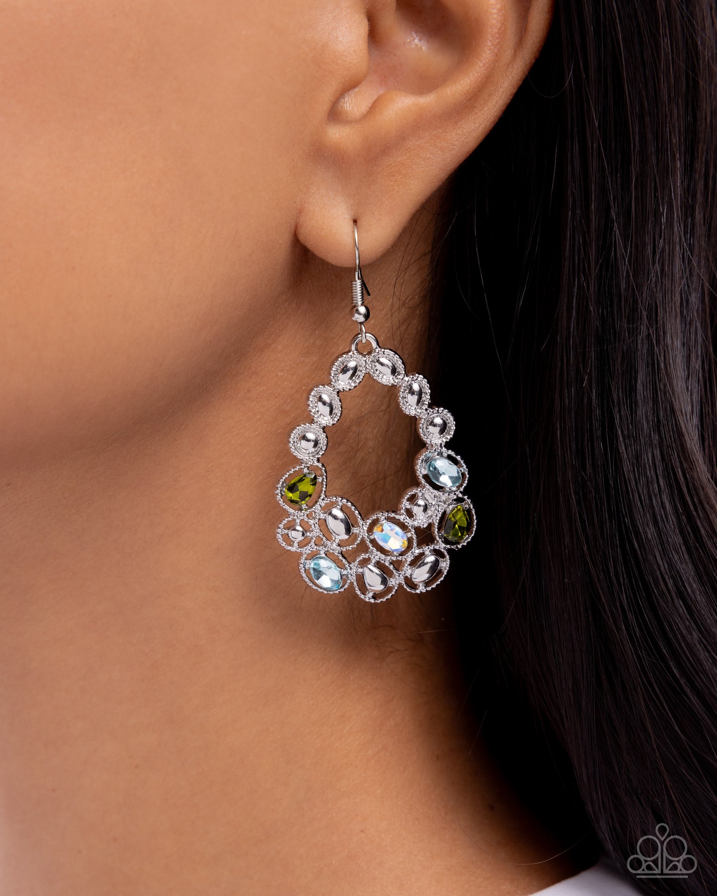 Prismatic Principal - Green, Light Blue, Olive Rhinestones/Textured Silver Frames Paparazzi Earrings