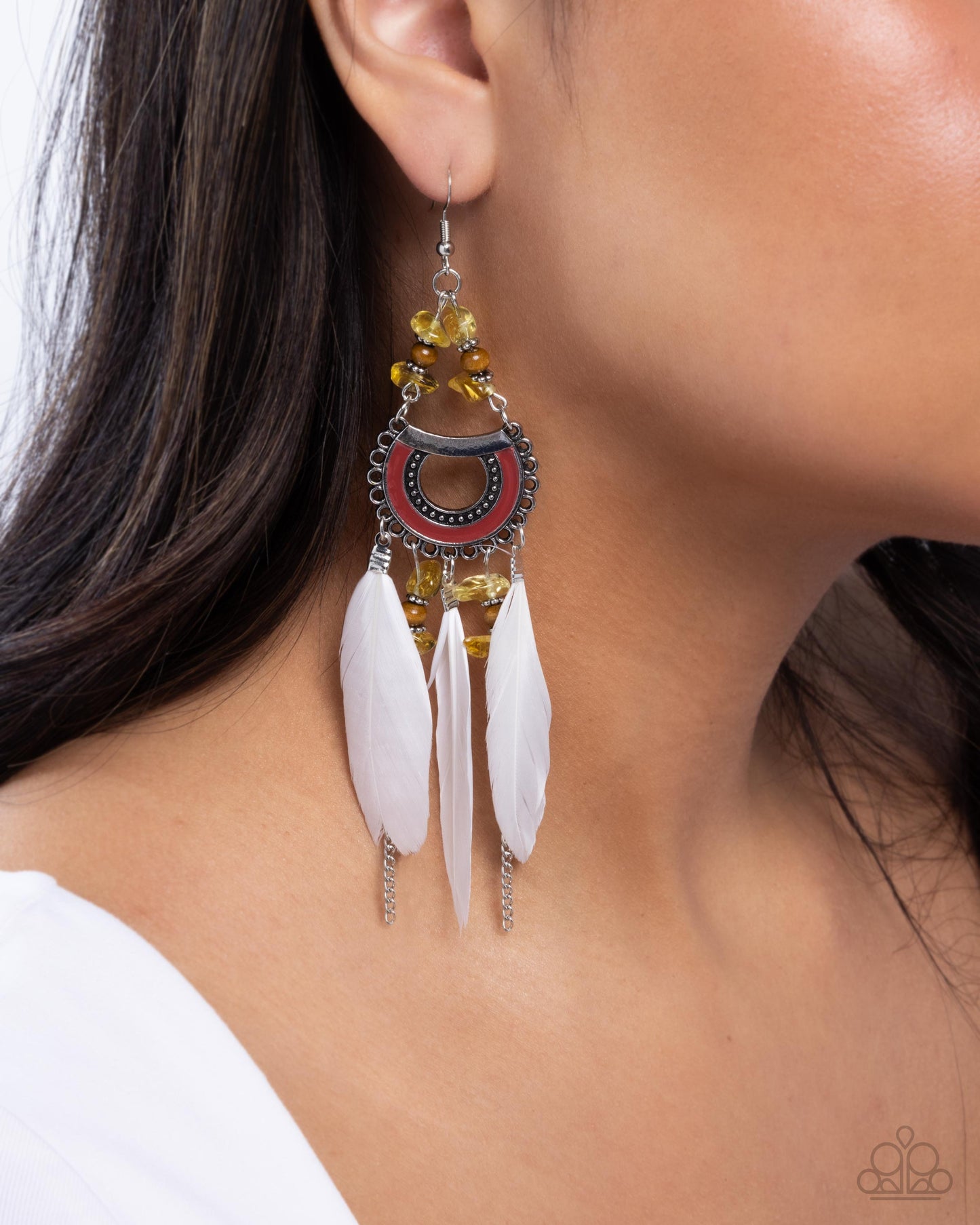 Serene Stage - Yellow Stones/Silver Wheel Beads/Brown Wooden Beads/White Feathers Paparazzi Earrings